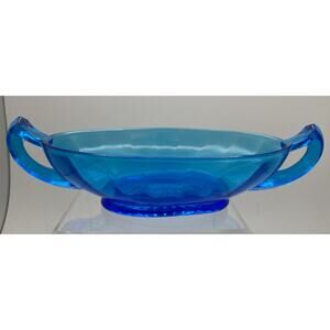 Art Deco Blue Glass Oblong Dual-Handled Bowl - Vintage Glassware
